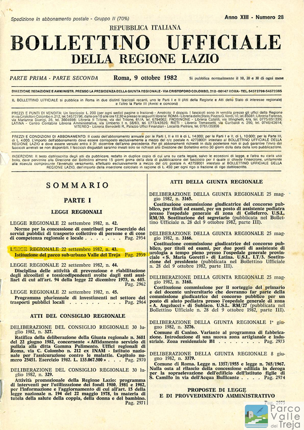Il BUR dove è stata pubblicata la legge istitutiva del Parco Valle del Treja