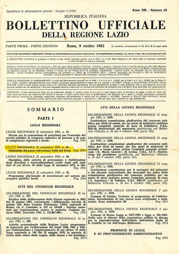Il BUR del Lazio su cui è stata pubblicata la legge d'istituzione del Parco