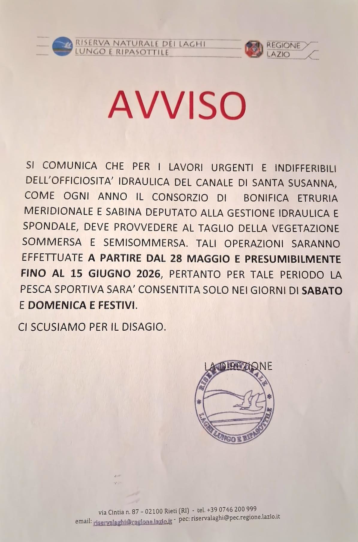 COMUNICAZIONE IMPORTANTE <br /> PESCA SPORTIVA CANALE NO KILL SANTA SUSANNA - OPERAZIONI DI MANUTENZIONE DAL 28 MAGGIO AL 15 GIUGNO 2026