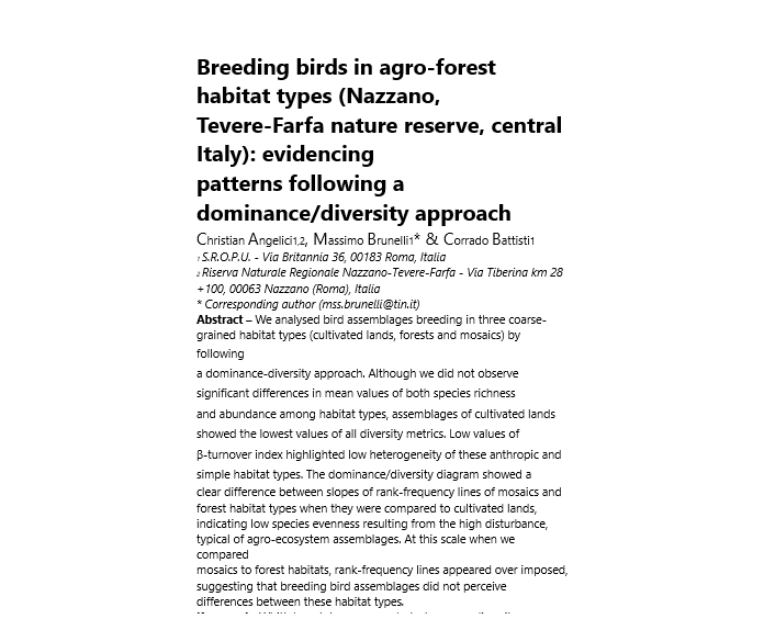 Breeding birds in agro-forest habitat types (Nazzano, Tevere-Farfa nature reserve, central Italy): evidencing patterns following a dominance/diversity approach