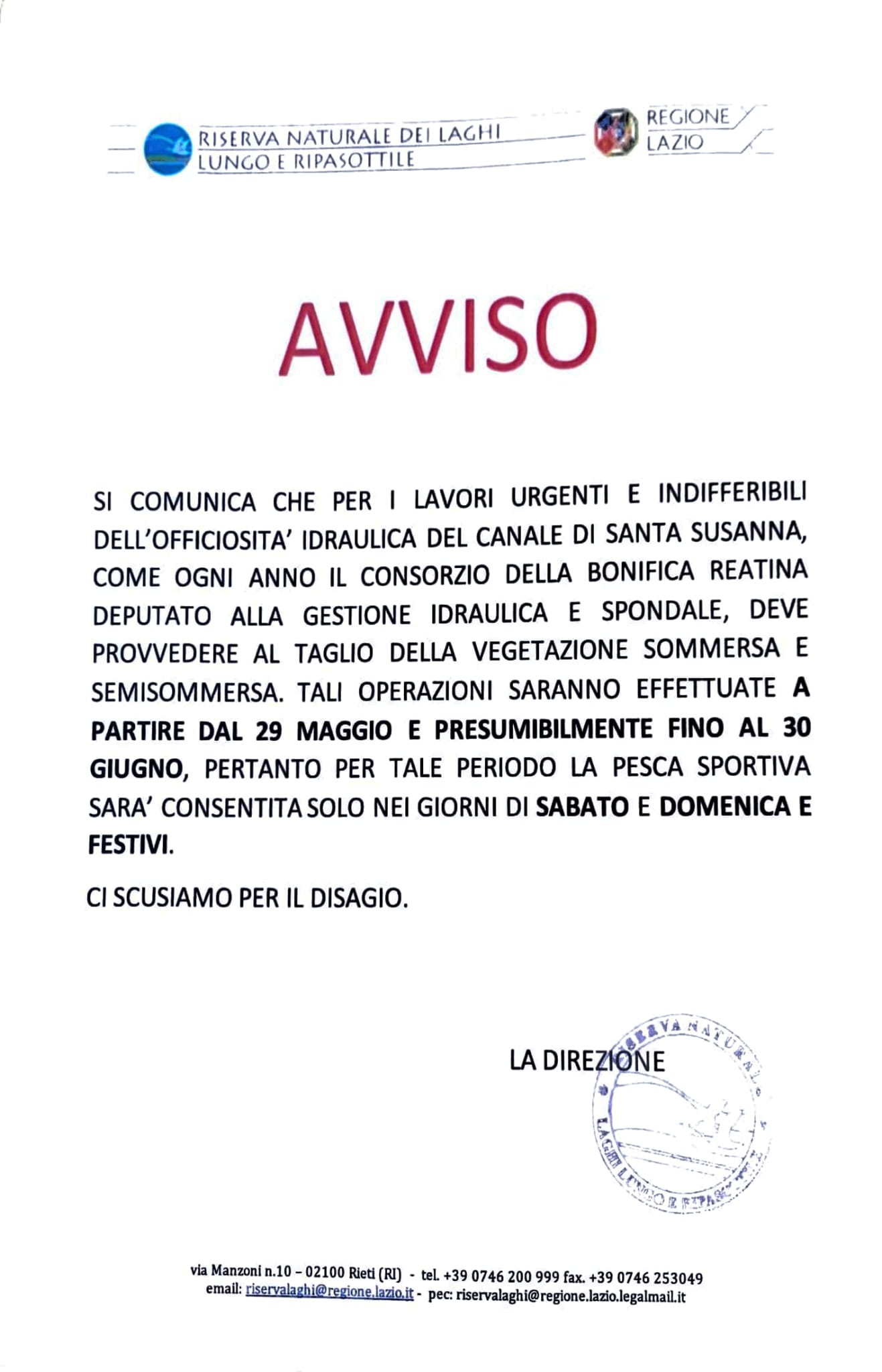 COMUNICAZIONE IMPORTANTE <br /> PESCA SPORTIVA CANALE NO KILL SANTA SUSANNA