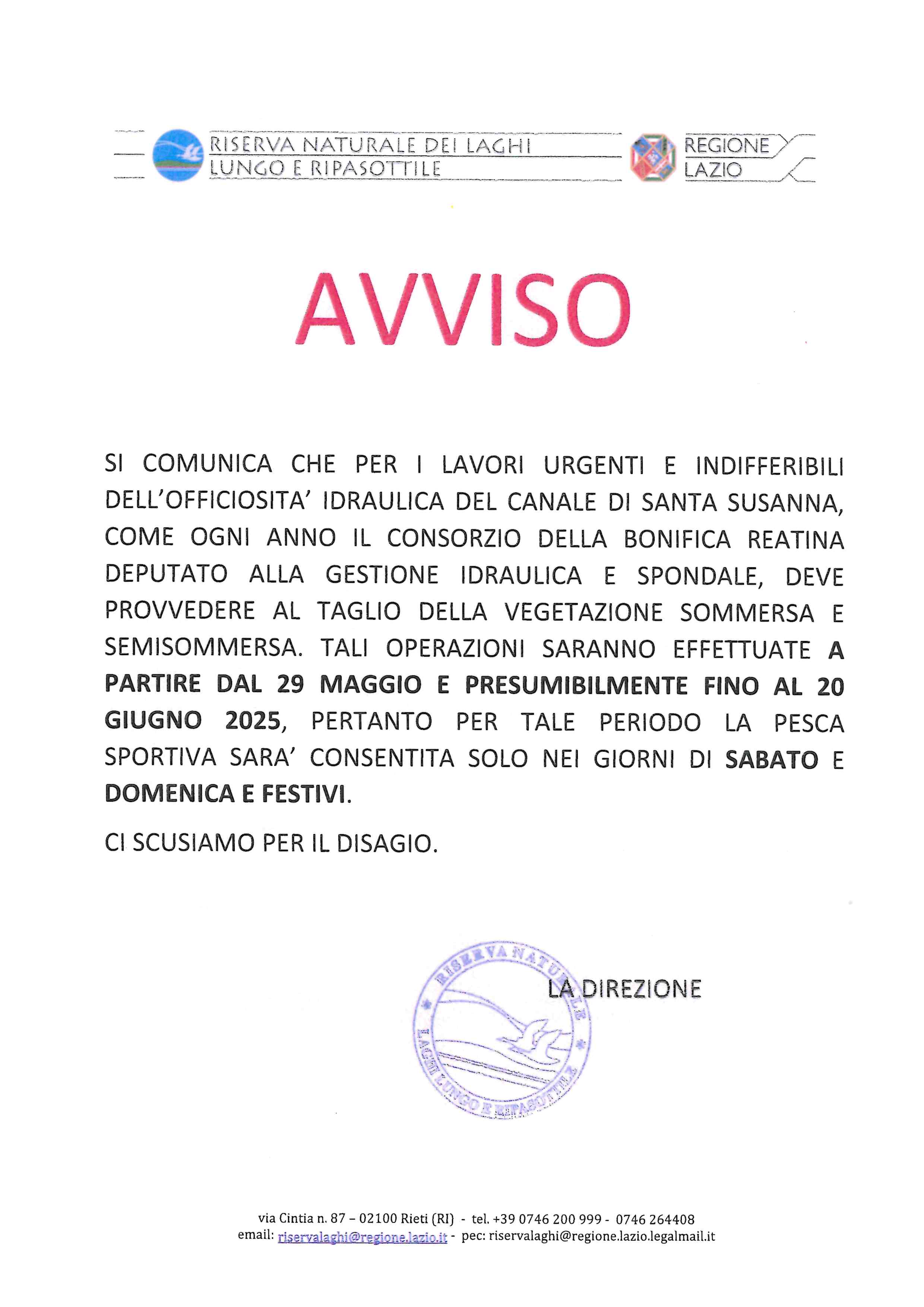 COMUNICAZIONE IMPORTANTE <br /> PESCA SPORTIVA CANALE NO KILL SANTA SUSANNA - OPERAZIONI DI MANUTENZIONE DAL 29 MAGGIO AL 20 GIUGNO 2025