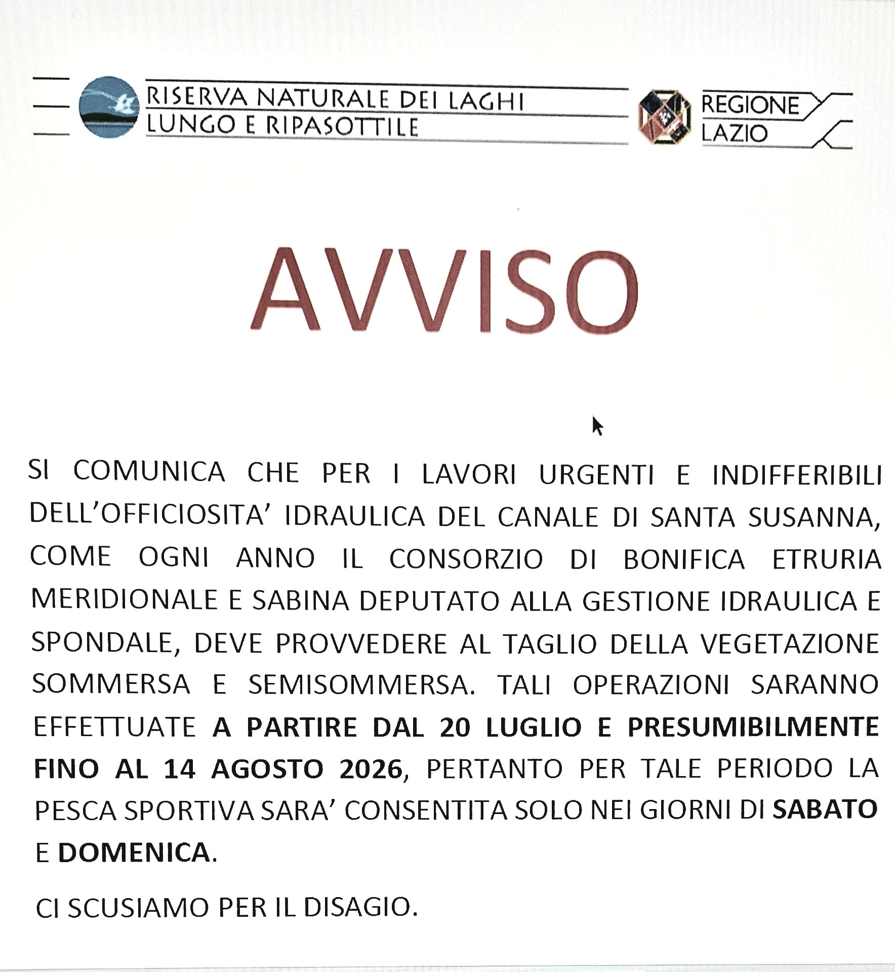 COMUNICAZIONE IMPORTANTE <br /> PESCA SPORTIVA CANALE NO KILL SANTA SUSANNA - OPERAZIONI DI MANUTENZIONE DAL 20 LUGLIO AL 14 AGOSTO 2026