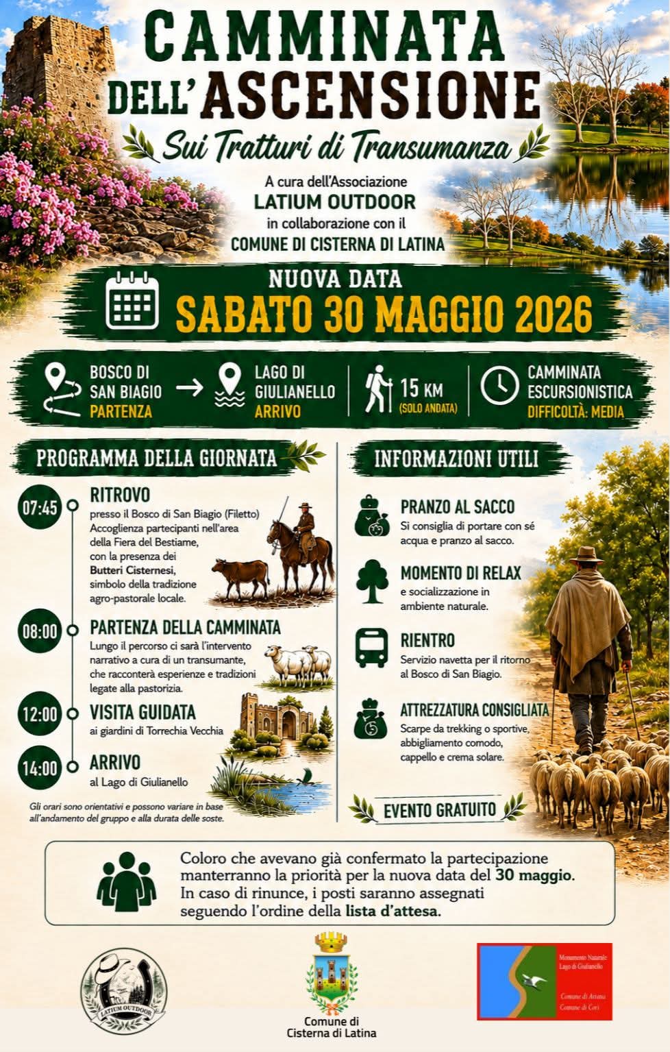 CAMMINATA DELL' ASCENSIONE<br /> sui tratturi di transumanza<br /> a cura dell'associazione LATIUM OUTDOOR<br /> in collaborazione con il comune di Cisterna di Latina<br /> sabato 30 maggio 2026