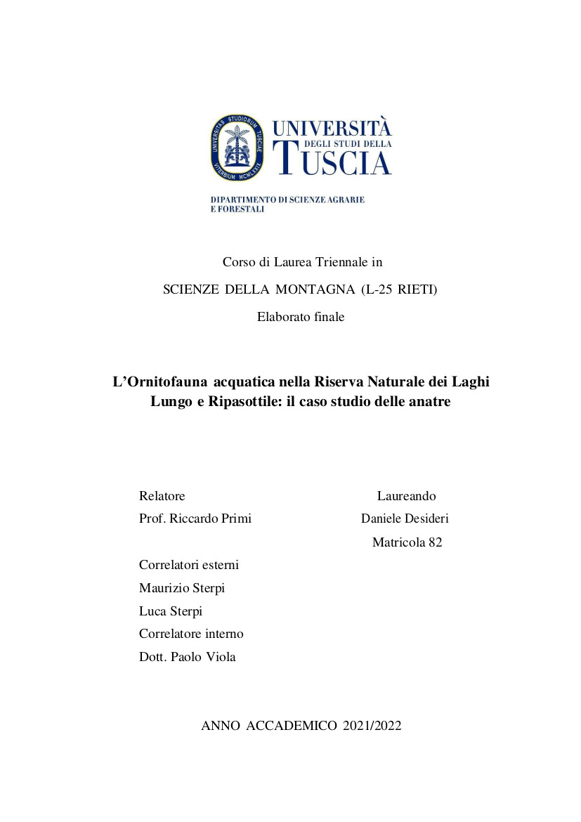 L'Ornitofauna acquatica nella Riserva Naturale dei Laghi Lungo e Ripasottile: il caso studio delle anatre