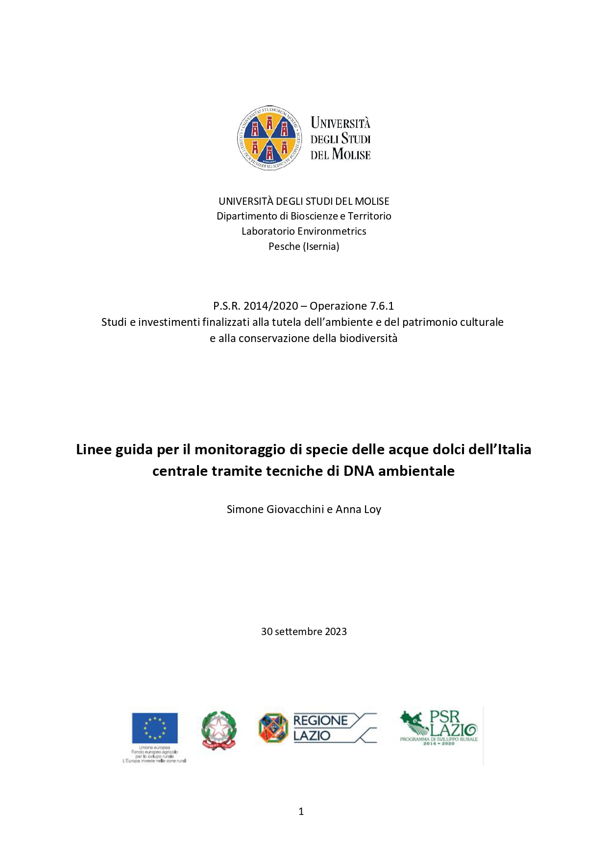 Linee guida per il monitoraggio di specie delle acque dolci dell'Italia centrale tramite tecniche di DNA ambientale