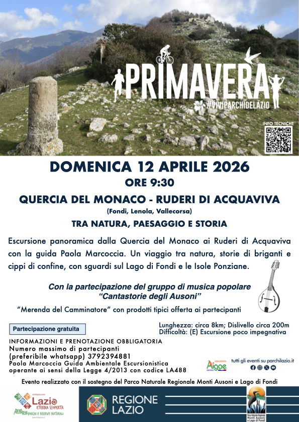 DOMENICA 12 APRILE 2026 - ESCURSIONE: "QUERCIA DEL MONACO - RUDERI DI ACQUAVIVA" - TRA NATURA, PAESAGGIO E STORIA