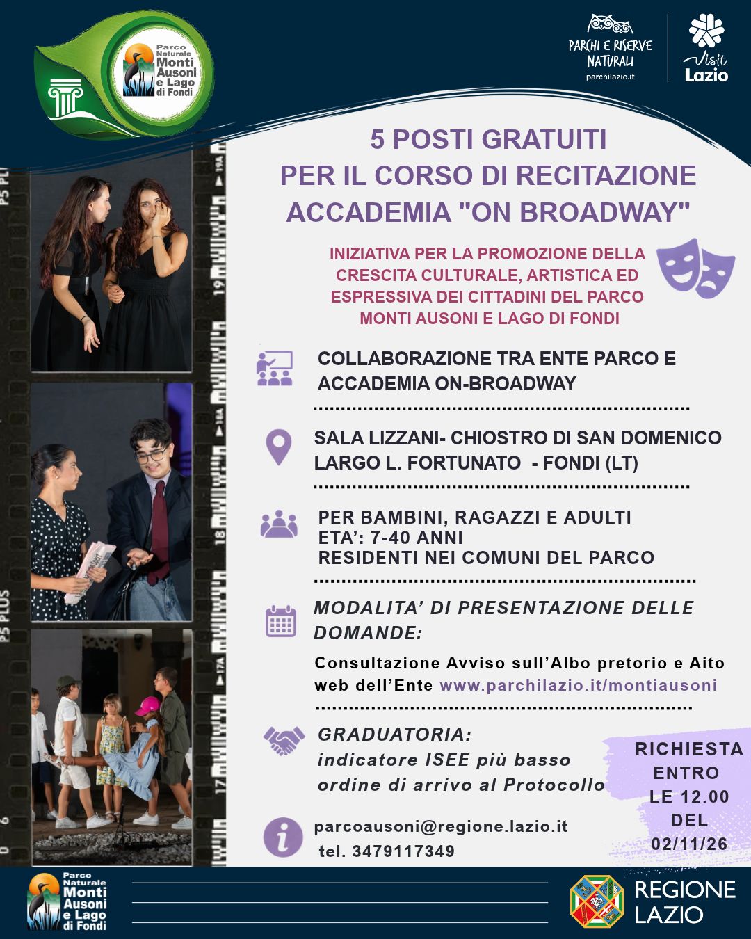 Cinque posti gratuiti per un corso di recitazione: il Parco Naturale Monti Ausoni e Lago di Fondi sostiene la formazione artistica dei giovani