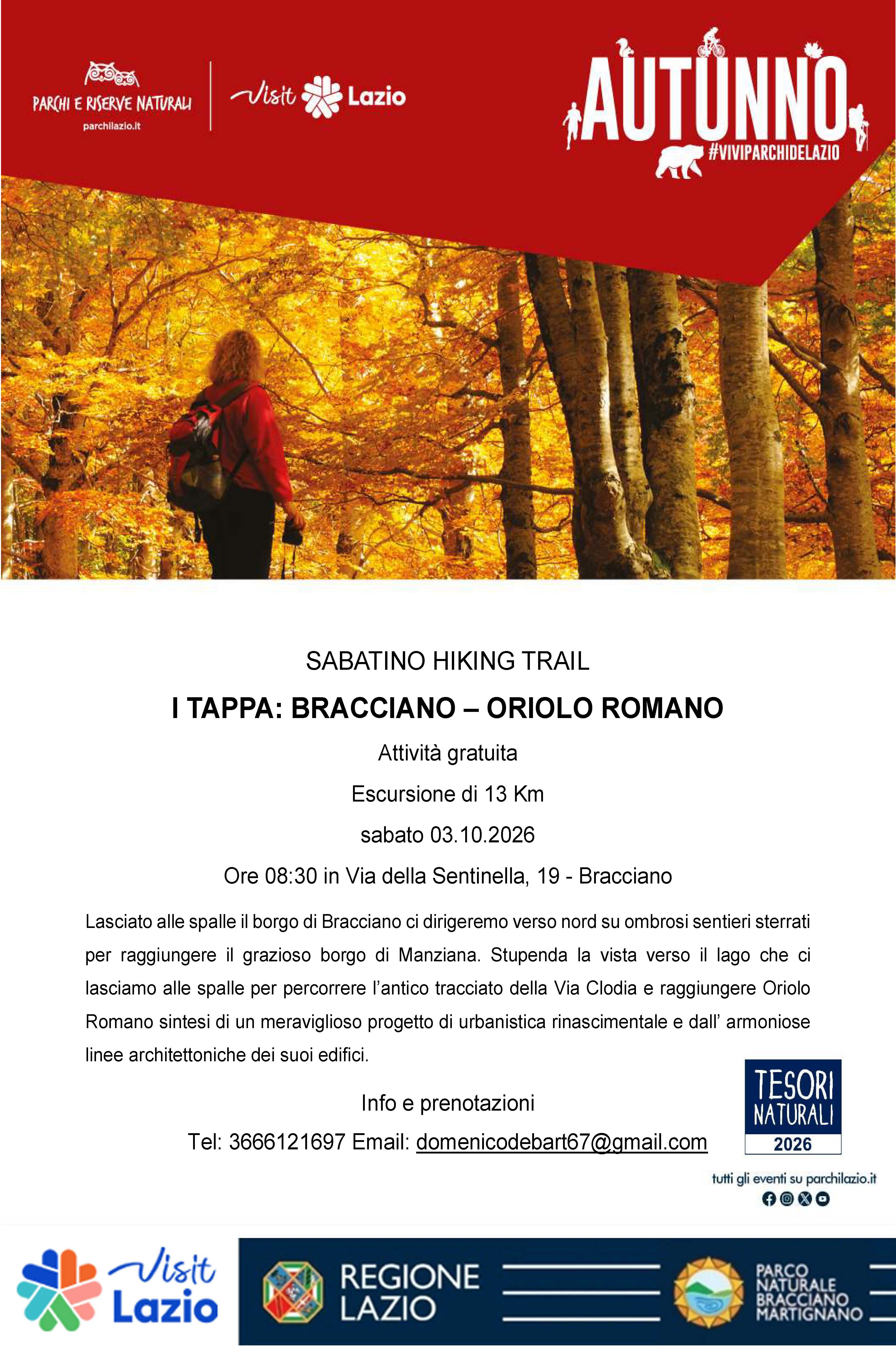 SABATINO HIKING TRAIL – I TAPPA: BRACCIANO – ORIOLO ROMANO- TESORI NATURALI 2026