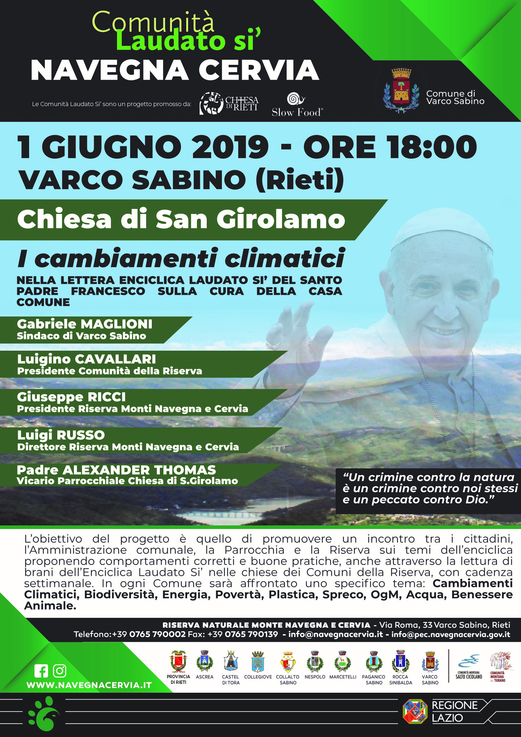 Comunità Laudato Si' Navegna Cervia "1 giugno 2019 ore 18,00 – Chiesa di San Girolamo, Varco Sabino"