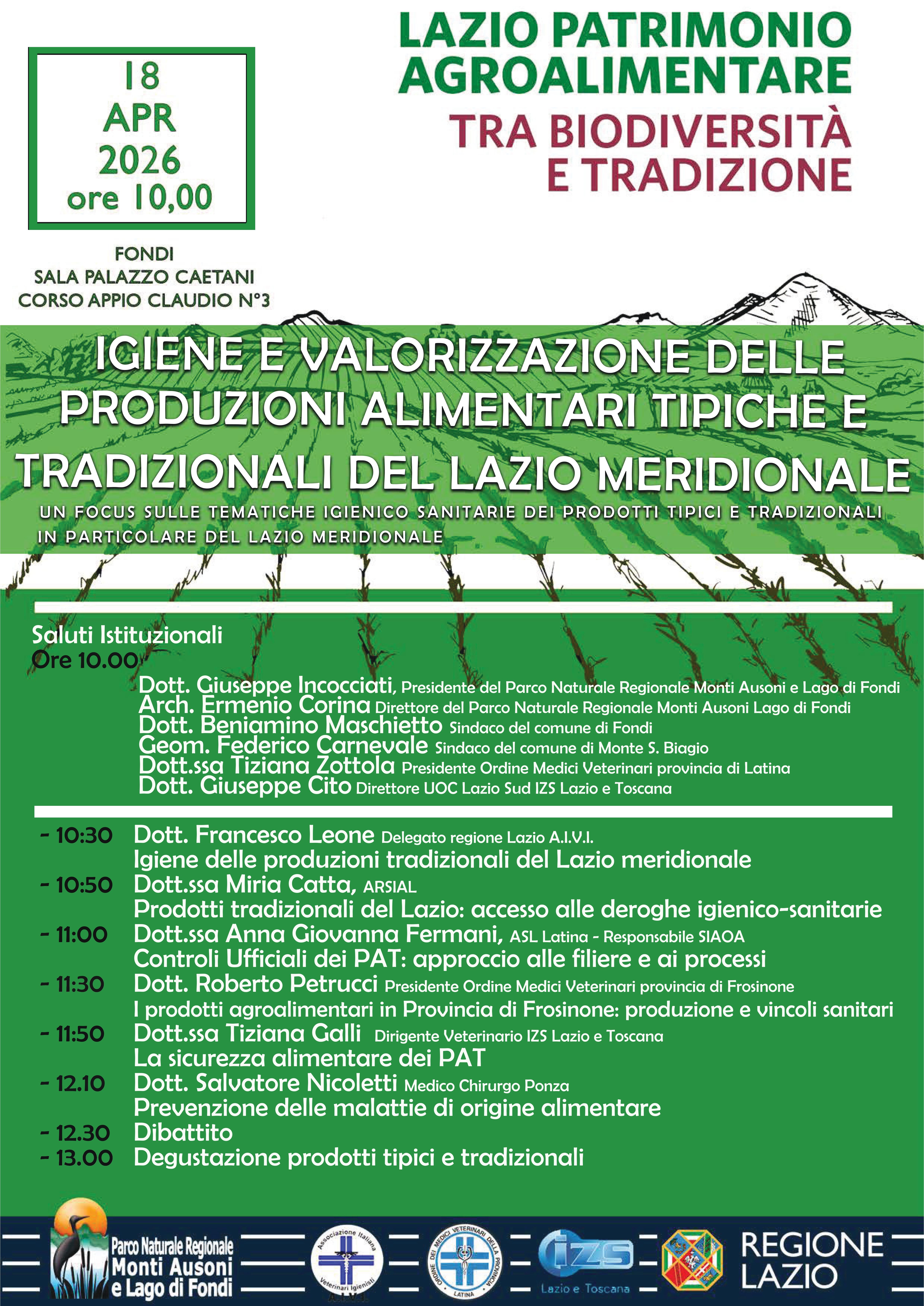 "IGIENE E VALORIZZAZIONE DELLE PRODUZIONI ALIMENTARI TIPICHE E TRADIZIONALI DEL LAZIO MERIDIONALE"- 18 aprile 2026 Sala Palazzo Caetani Corso Appio Claudio n. 3, FONDI (LT)