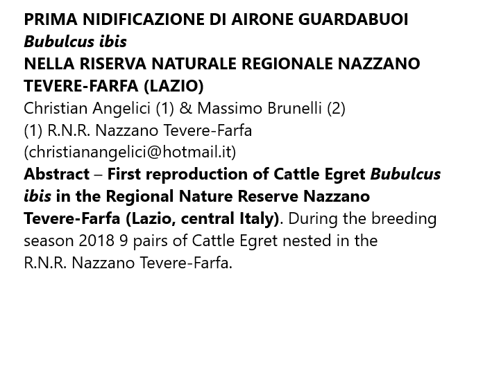 Prima nidificazione di airone guardabuoi (Bubulcus ibis) nella Riserva Naturale Regionale Nazzano, Tevere-Farfa (Lazio)