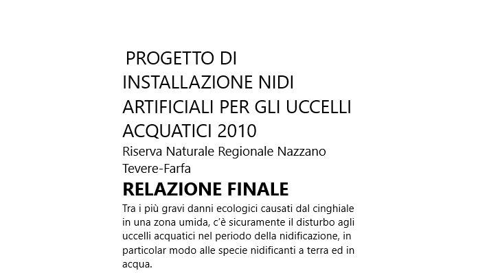 Progetto di installazione nidi artificiali per gli uccelli acquatici 2010. Relazione finale