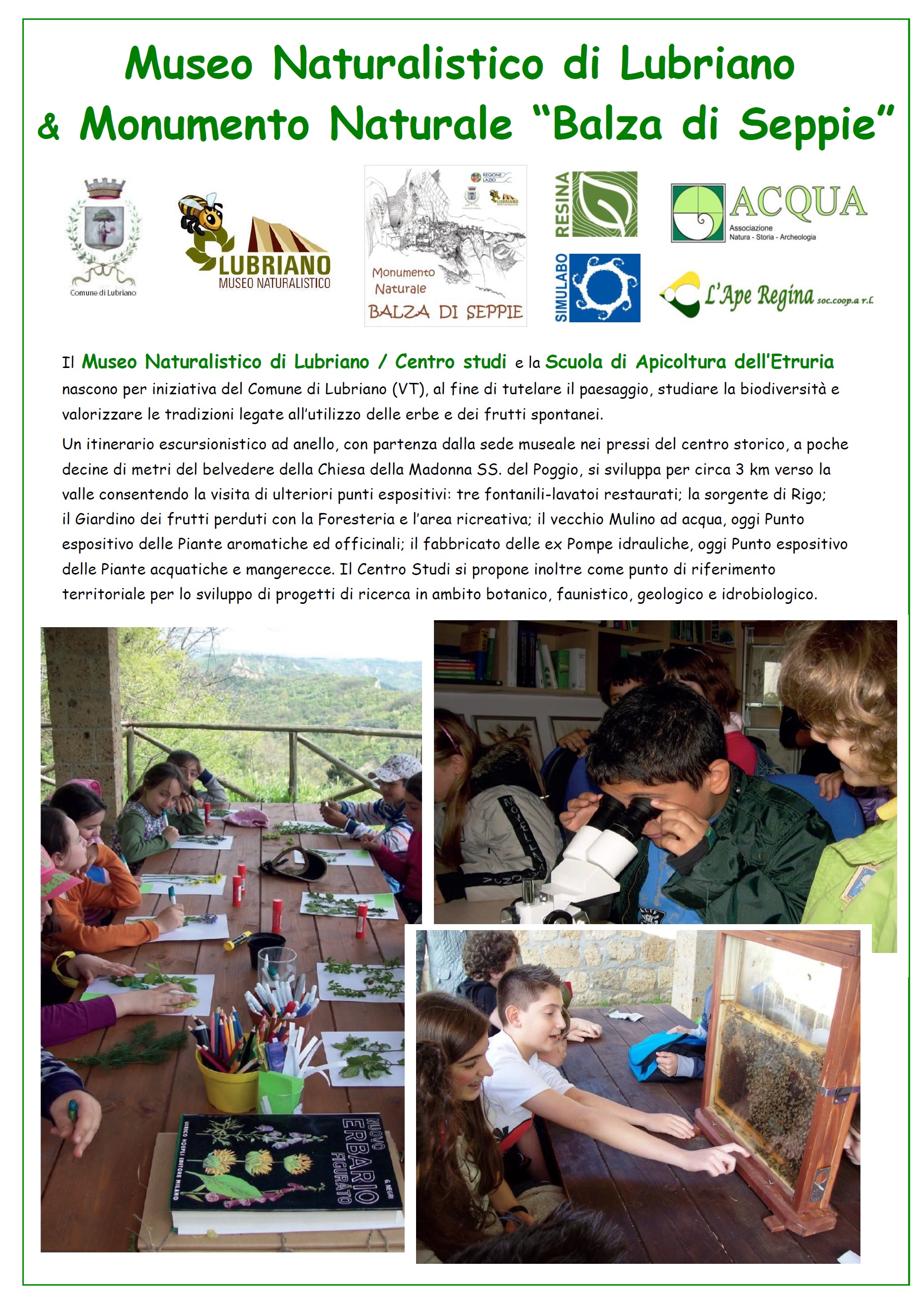 LABORATORI DIDATTICI A LUBRIANO E NELLA VALLE DEI CALANCHI ! Monumento Naturale e Museo Naturalistico