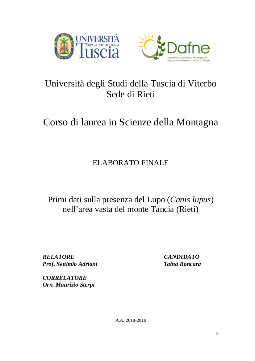 Primi dati sulla presenza del Lupo (Canis lupus) nell'area vasta del monte Tancia (Rieti)