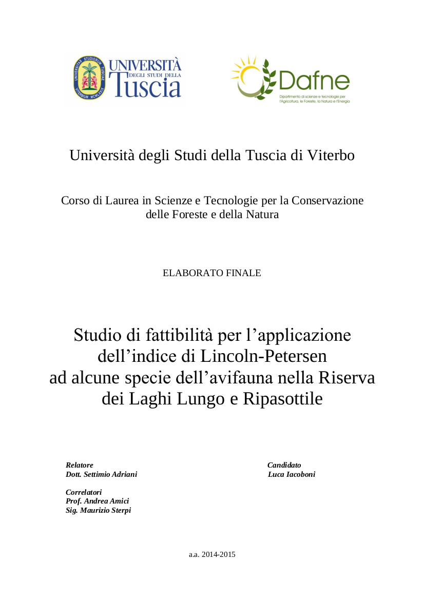 Studio di fattibilità per l'applicazione dell'indice di Lincoln-Petersen ad alcune specie dell'avifauna nella Riserva dei Laghi Lungo e Ripasottile
