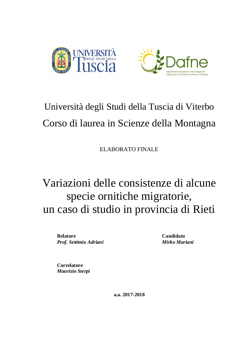 Variazioni delle consistenze di alcune specie ornitiche migratorie, un caso di studio in provincia di Rieti