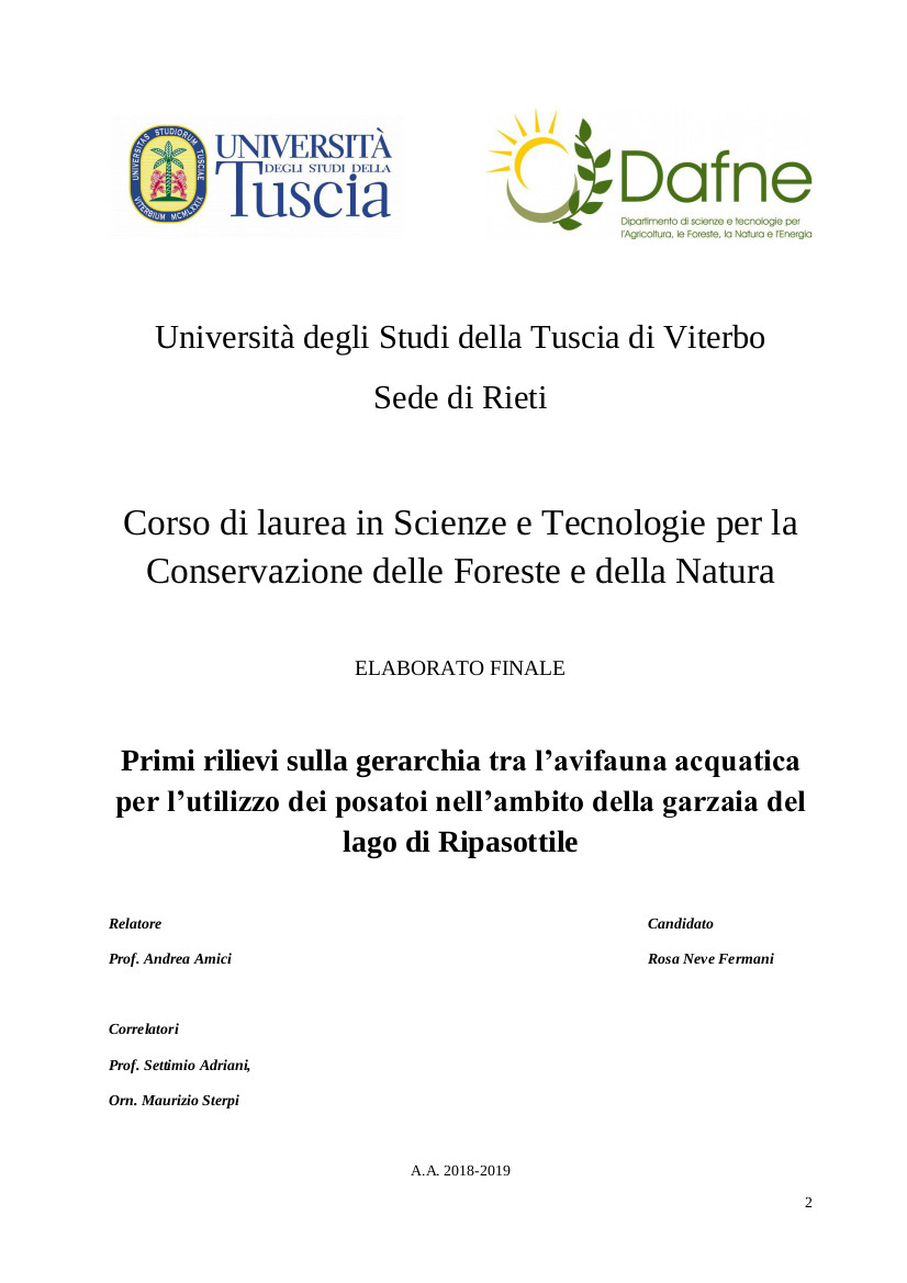 Primi rilievi sulla gerarchia tra l'avifauna acquatica per l'utilizzo dei posatoi nell'ambito della garzaia del lago di Ripasottile